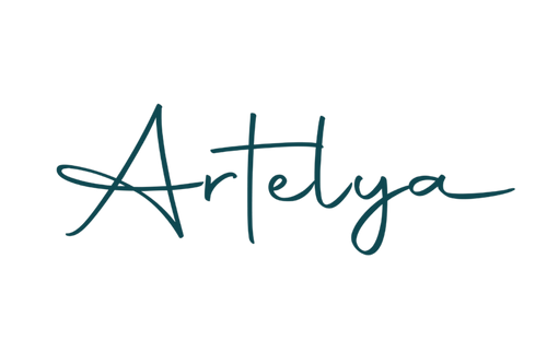 The brand name 'Artelya' is displayed in a dark teal cursive script font against a solid white background.